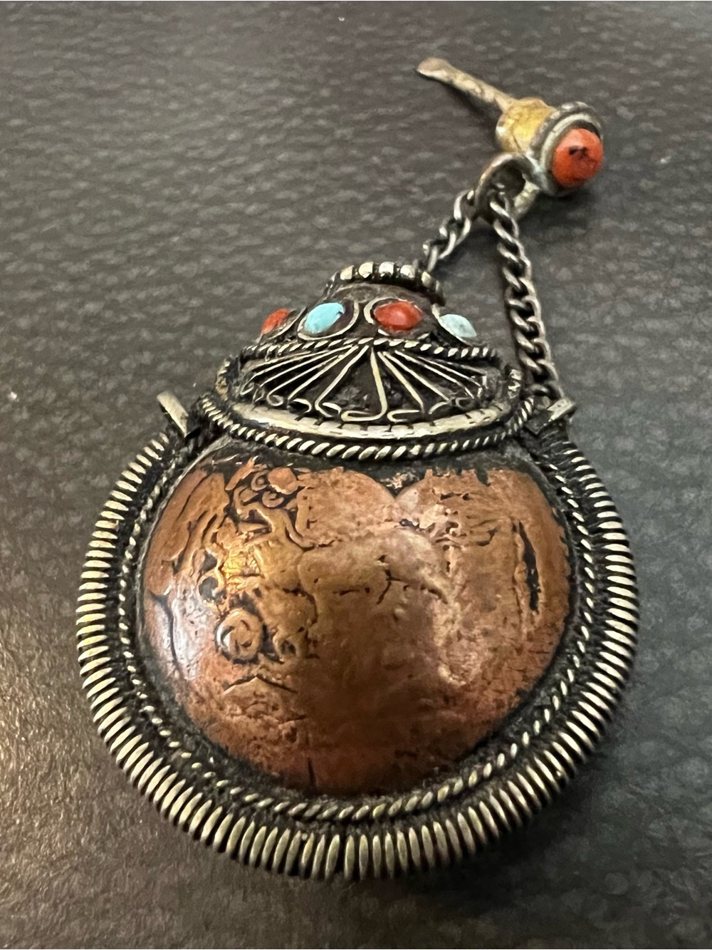 Handcrafted Copper and Silver Pendant with Turquoise and Coral Accents